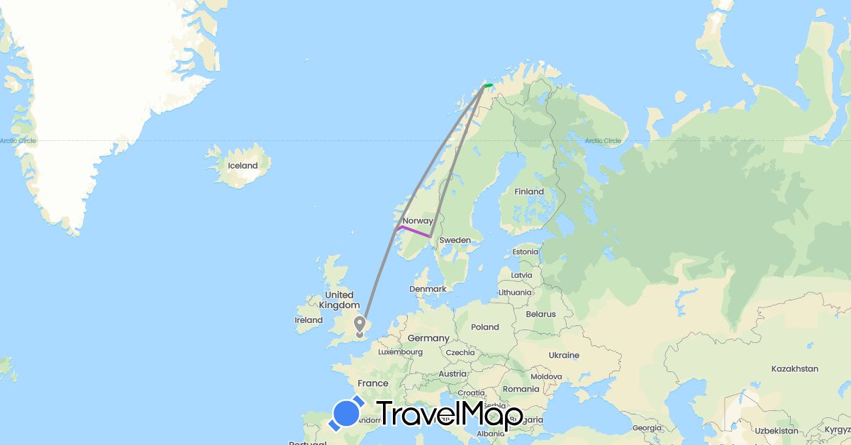 TravelMap itinerary: bus, plane, train in United Kingdom, Norway (Europe)