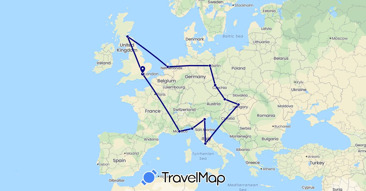 TravelMap itinerary: driving in Austria, Czech Republic, Germany, France, United Kingdom, Hungary, Italy, Netherlands (Europe)